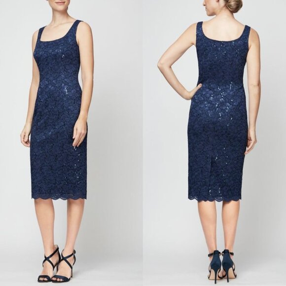 NEW Alex Evenings Sequined Lace Scalloped Hem Sheath Midi Dress in Navy 16W - Picture 1 of 3